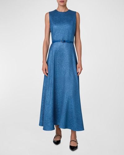 Akris Structured Lurex Wool Midi Dress With Belt - Blue