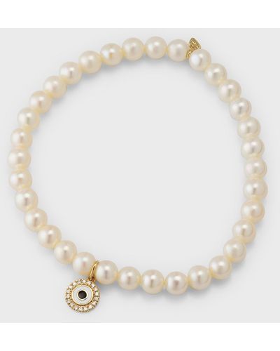 Sydney Evan Freshwater Pearl Beaded Bracelet With Diamond Evil Eye Charm - White