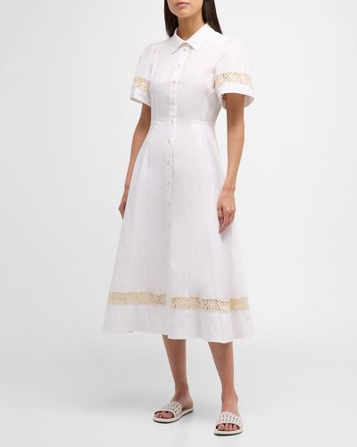 Tanya Taylor Carlton Short-Sleeve Crochet-Trim Midi Shirtdress - White