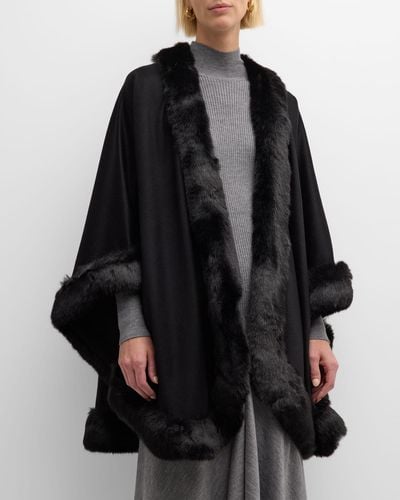 Sofia Cashmere Faux Fur Trim Cashmere Cape - Black