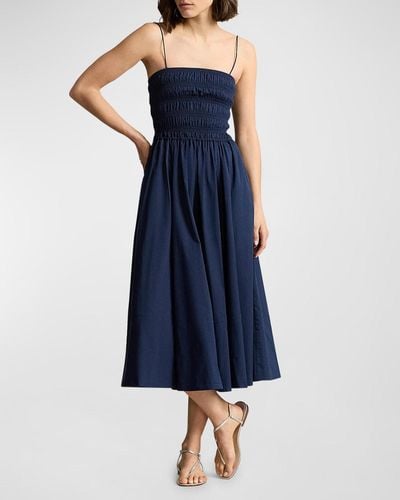 Polo Ralph Lauren Smocked Cotton Midi Dress - Blue