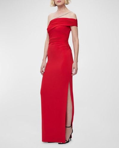 Hervé Léger Crystal Strap Ruched One-Shoulder Gown - Red