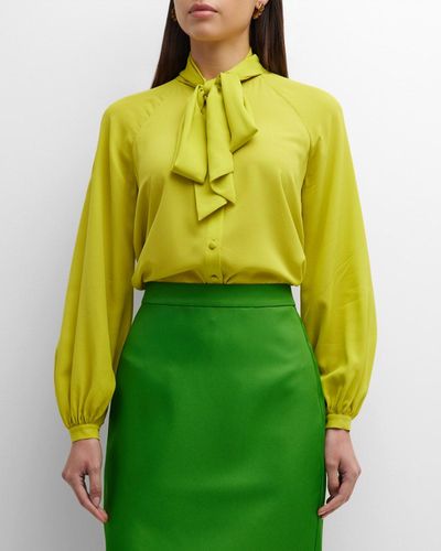 Kate Spade Tie-neck Blouson-sleeve Georgette Shirt - Green