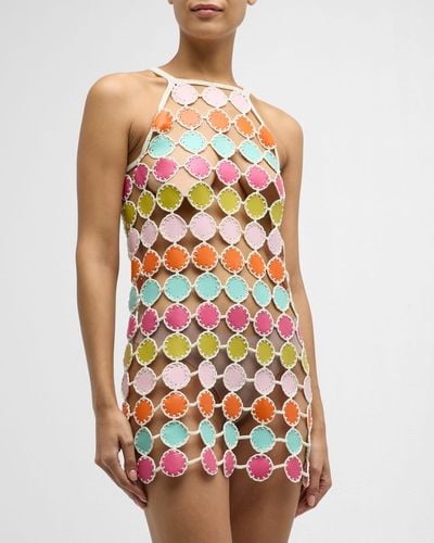 MY BEACHY SIDE Hand Crochet Mini Dress With Faux Leather Scoop Motifs - Multicolor