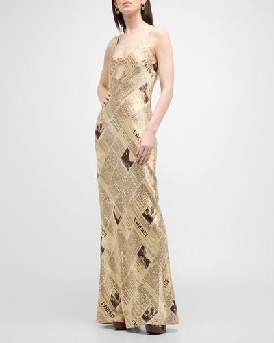 L'Agence Yasmin Newspaper-printed Chain Cutout Gown - Natural