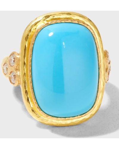 Elizabeth Locke 19k Gold Cushion-cut Turquoise Ring With Diamonds, Size 6.5 - Blue