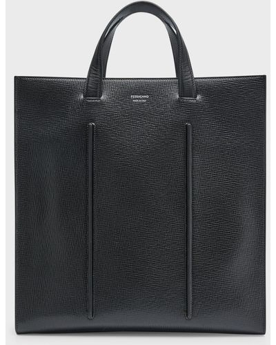 Ferragamo Leather Tote Bag With Rib Inserts - Black