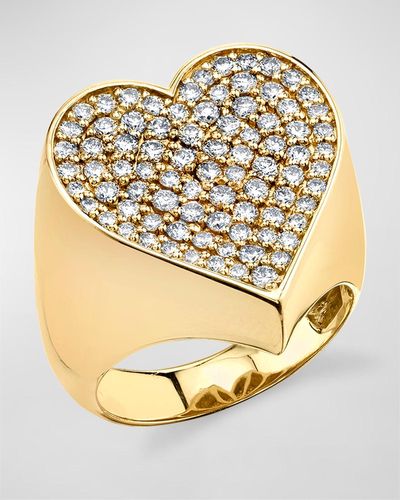 Sydney Evan Large Pave Heart Signet Ring, Size 6.5 - Metallic