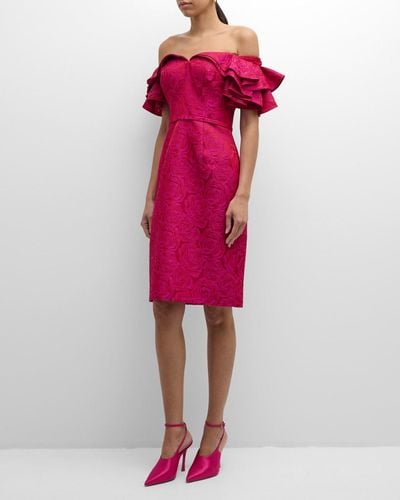 Teri Jon Ruffle Off-Shoulder Floral Jacquard Dress - Pink