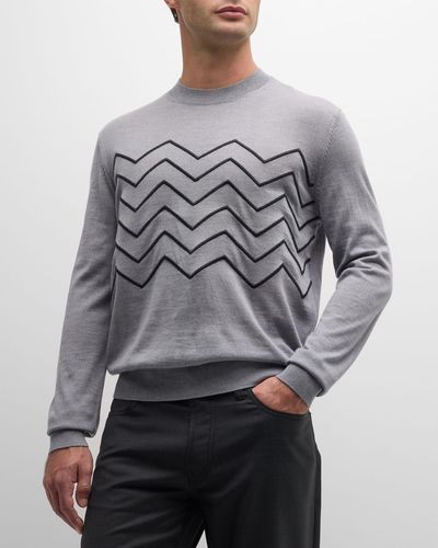 Emporio Armani Embroidered Zigzag Wool Sweater - Gray