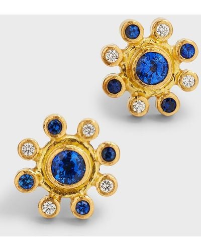 Elizabeth Locke 19k Yellow Gold Halo Stud Earrings With Blue Sapphires, Diamonds And Butterfly Backs