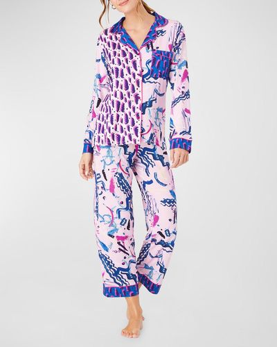Alivia Sofia Cropped Brushstroke-Print Pajama Set - Blue