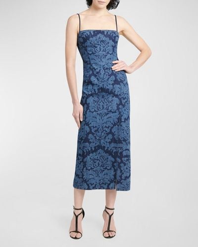 Alexander McQueen Damask Print Denim Midi Dress - Blue