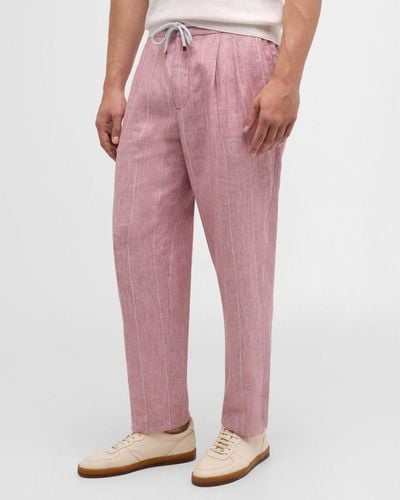 Brunello Cucinelli Linen Wide-Stripe Drawstring Pants - Pink