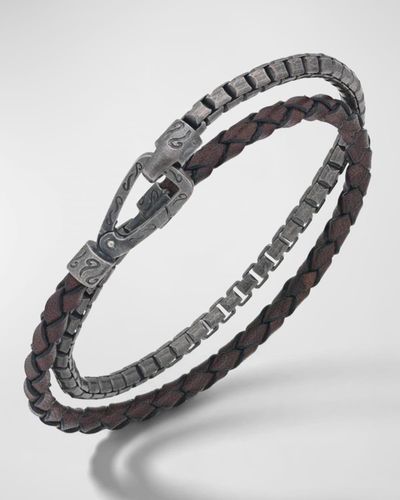 Marco Dal Maso Double Mix Brown Woven Leather And Oxidized Silver Chain Bracelet - Metallic