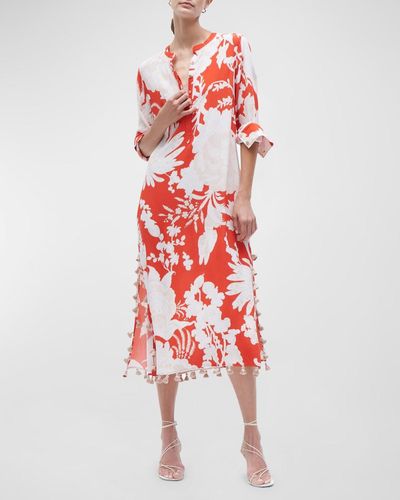 Figue Paolina Floral-print Tassel Slit-hem Midi Kaftan Dress - Red