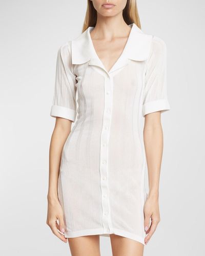 Jacquemus Manta Short-Sleeve Sheer Wide-Rib Mini Shirtdress - White