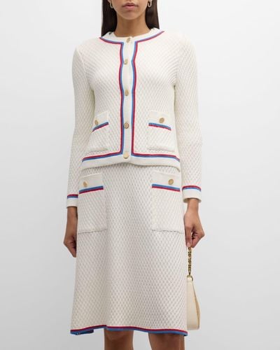 Misook Heritage Contrast-Trim Intarsia Ribbed Soft Knit Jacket - White