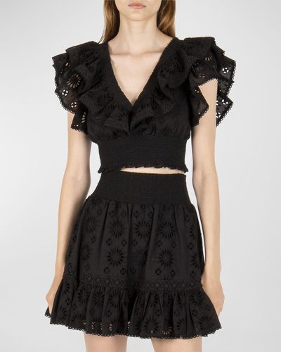 SECRET MISSION Tanya Ruffle Broderie Anglaise Cotton Top - Black