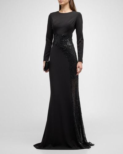 Teri Jon Long-Sleeve Sequin Lace & Crepe Trumpet Gown - Black