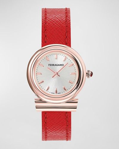 Ferragamo 28Mm Gancini Watch With Leather Strap, Rose - Red