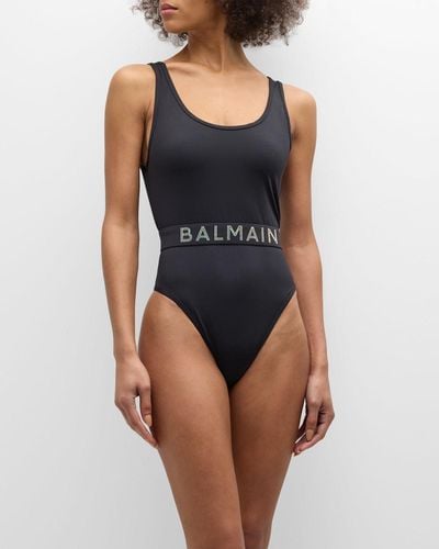 Balmain Crystal Logo Belted One-Piece Swimsuit - Blue