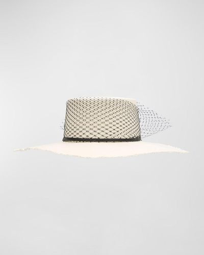 Sensi Studio Glamour Veiled Straw Large Brim Hat - White
