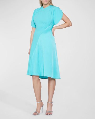 Victoria Beckham Mixed-Media Cap-Sleeve Dress - Blue