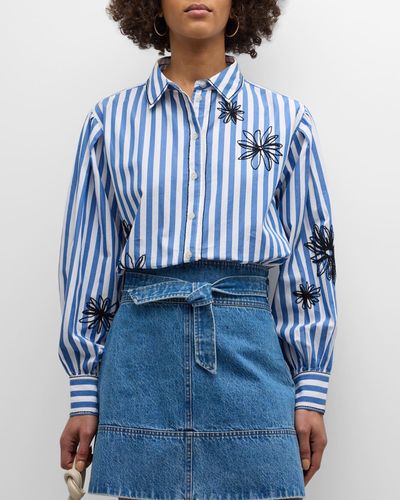 Tanya Taylor Davina Cotton Stripe Floral Embroidered Shirt - Blue