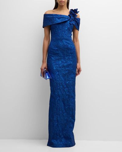 Teri Jon One-Shoulder Jacquard Column Gown - Blue