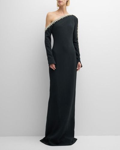 Pamella Roland Pearlescent Beaded Fringe One-Shoulder Long-Sleeve Crepe Gown - Black
