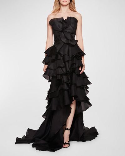 Marchesa Strapless Tiered Ruffle Petal Gown - Black