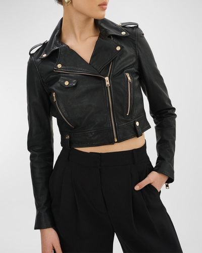 Lamarque Ciara Leather Crop Biker Jacket - Black