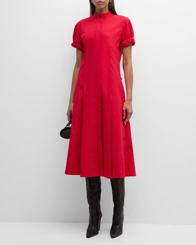 Proenza Schouler Button-Side Short-Sleeve Poplin Midi Shirtdress - Red