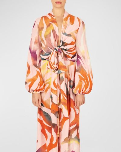 Silvia Tcherassi Honey Rainbow Abstract-print Tie-front Blouse - Orange