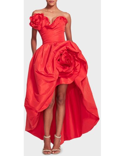 Marchesa Asymmetric High-low Faille Gown With Sculptural Rose Details - Red