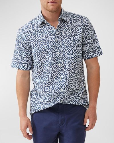 Rodd & Gunn Becksley Geometric-Print Short-Sleeve Shirt - Blue