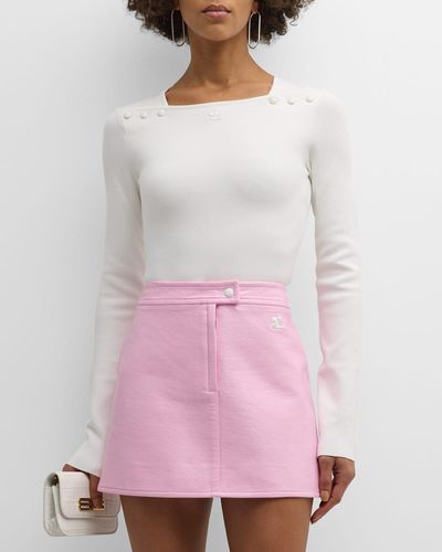 Courreges Snap-Shoulder High-Neck Milano Knit Long-Sleeve Sweater - Pink
