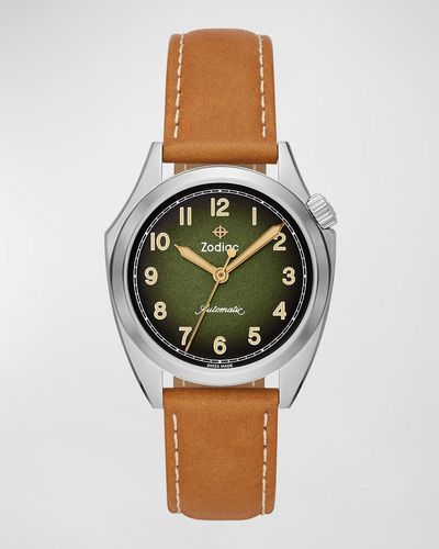 Zodiac Olympos Stp 1-11 Swiss Automatic Three-hand Leather Watch, 40mm - Green