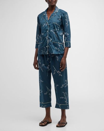 Pour Les Femmes Cropped Botanical-print Pajama Set - Blue