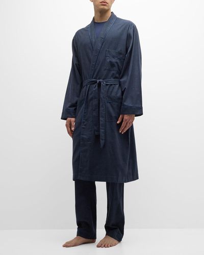Neiman Marcus Cotton-Cashmere Brushed Flannel Plaid Robe - Blue