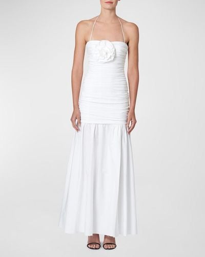 Carolina Herrera Halter Gathered Bodice Drop Waist Midi Dress With Floral Applique - White