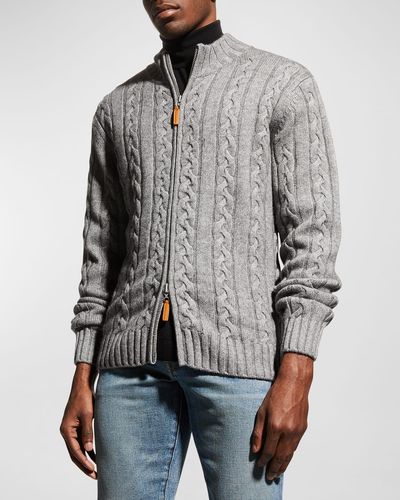 Neiman Marcus Merino Wool-Cashmere Full-Zip Cable Sweater - Gray