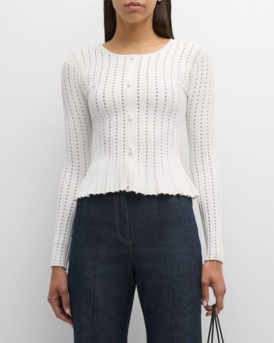 Adam Lippes Crewneck Pointelle Knit Peplum Cardigan - White