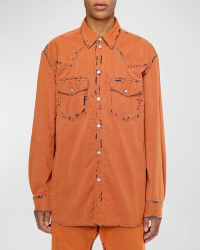 DIESEL D-Ocean Distressed Denim Western Shirt - Orange