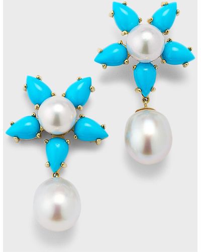 Pearls By Shari 18k Yellow Gold Turquoise, Akoya Pearl And South Sea Pearl Earrings - Blue