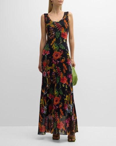 Fuzzi Sleeveless Floral-Print Tulle Maxi Dress - Red