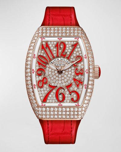 Franck Muller 18K Rose Diamond Lady Vanguard Watch With Alligator Strap - Red