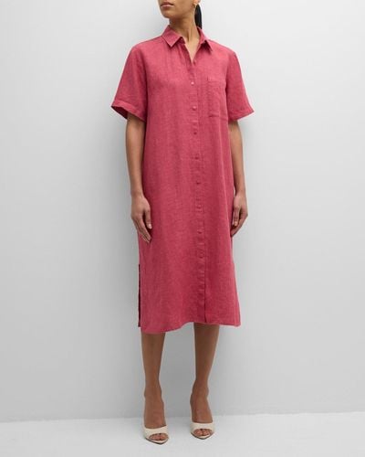 Eileen Fisher Side-Slit Organic Linen Midi Shirtdress - Red