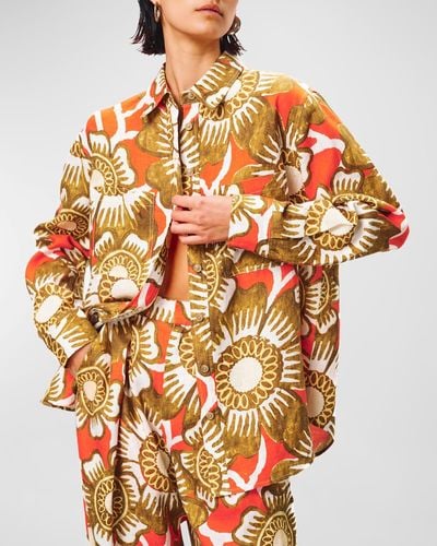 Mara Hoffman Adele Oversized Button-Front Floral Hemp Shirt - Orange